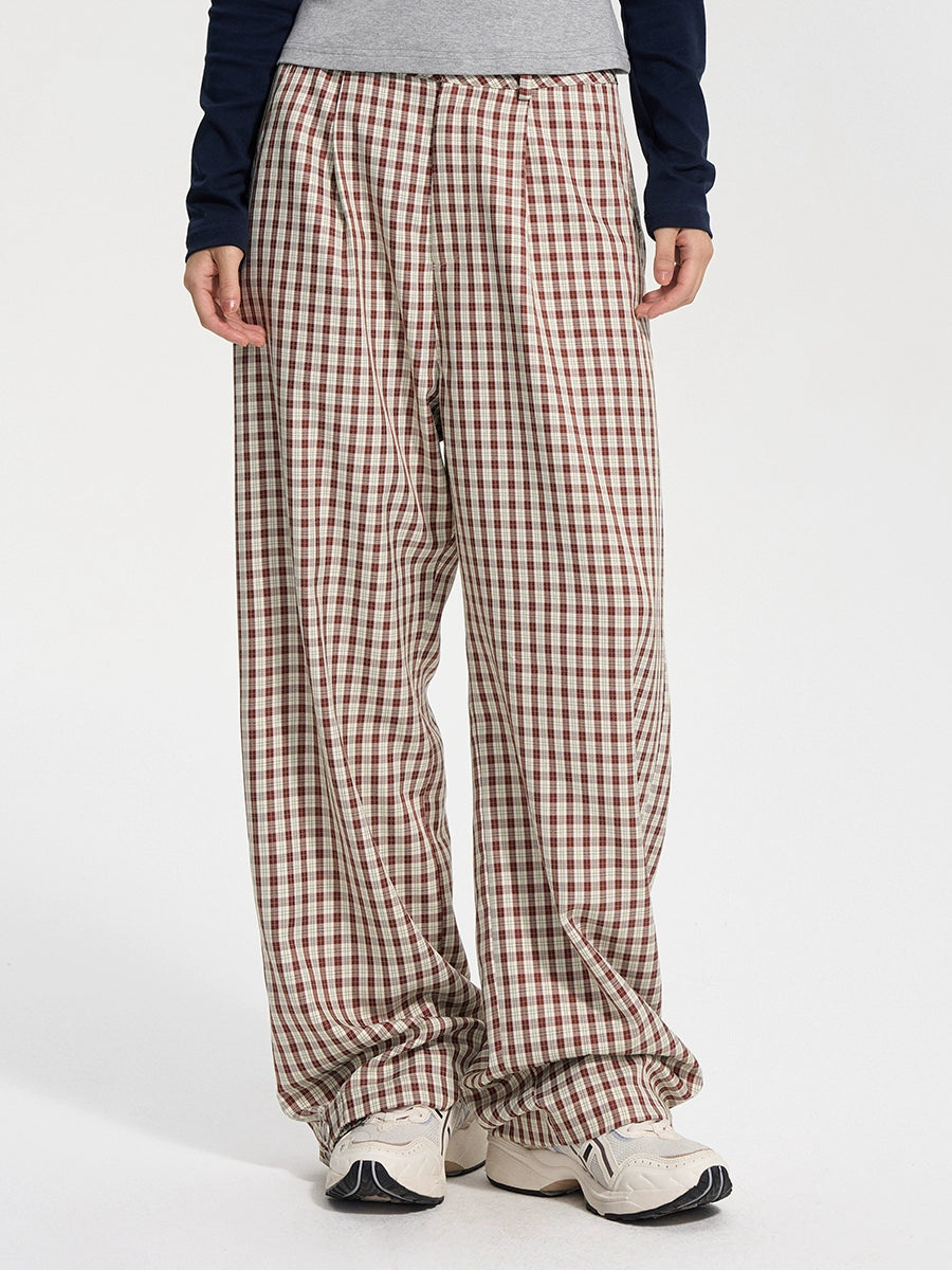 NICEBAD Flower-embroidered Plaid Trousers