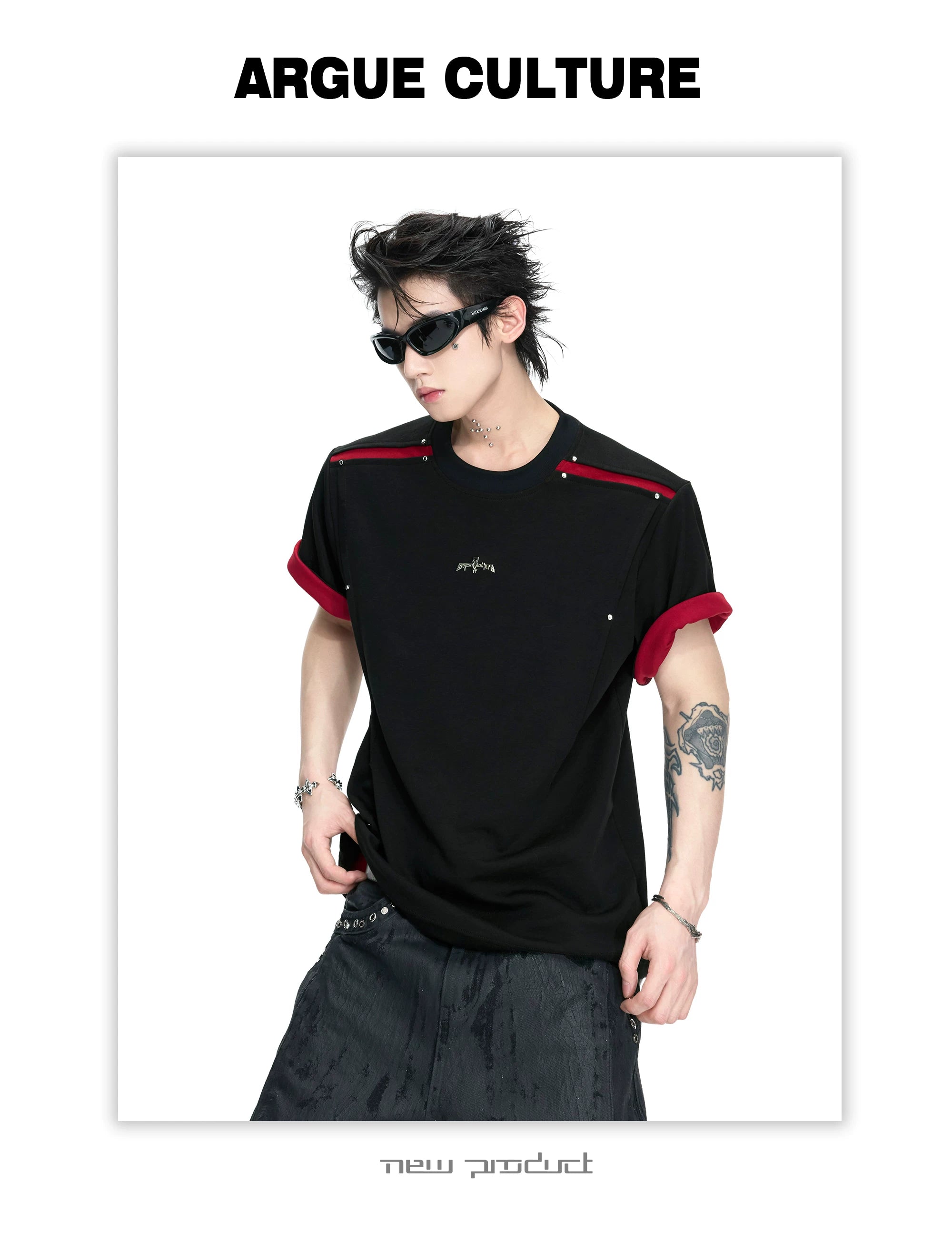 ArguECulturE Contrast Color Round Neck Front Shoulder Simple Tee
