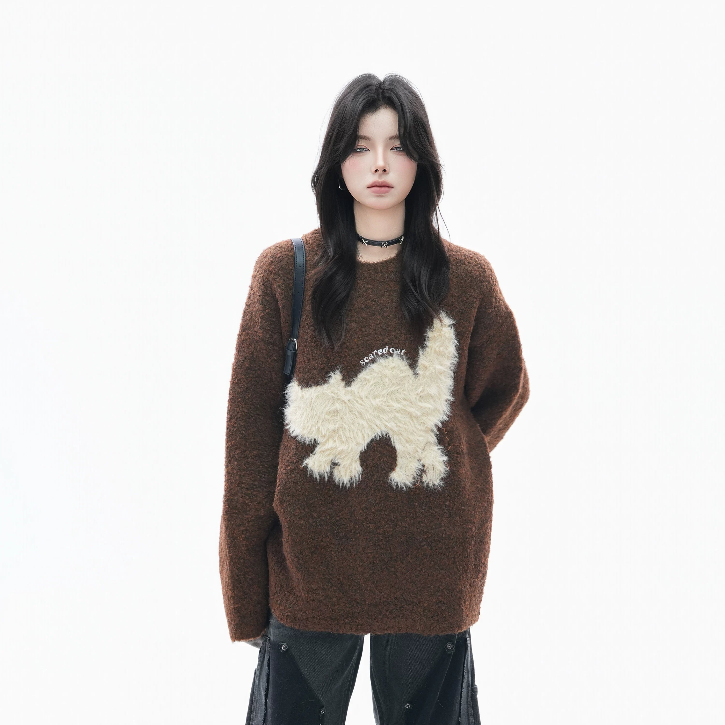 Zuocisankon Plush Cat Jacquard Sweater