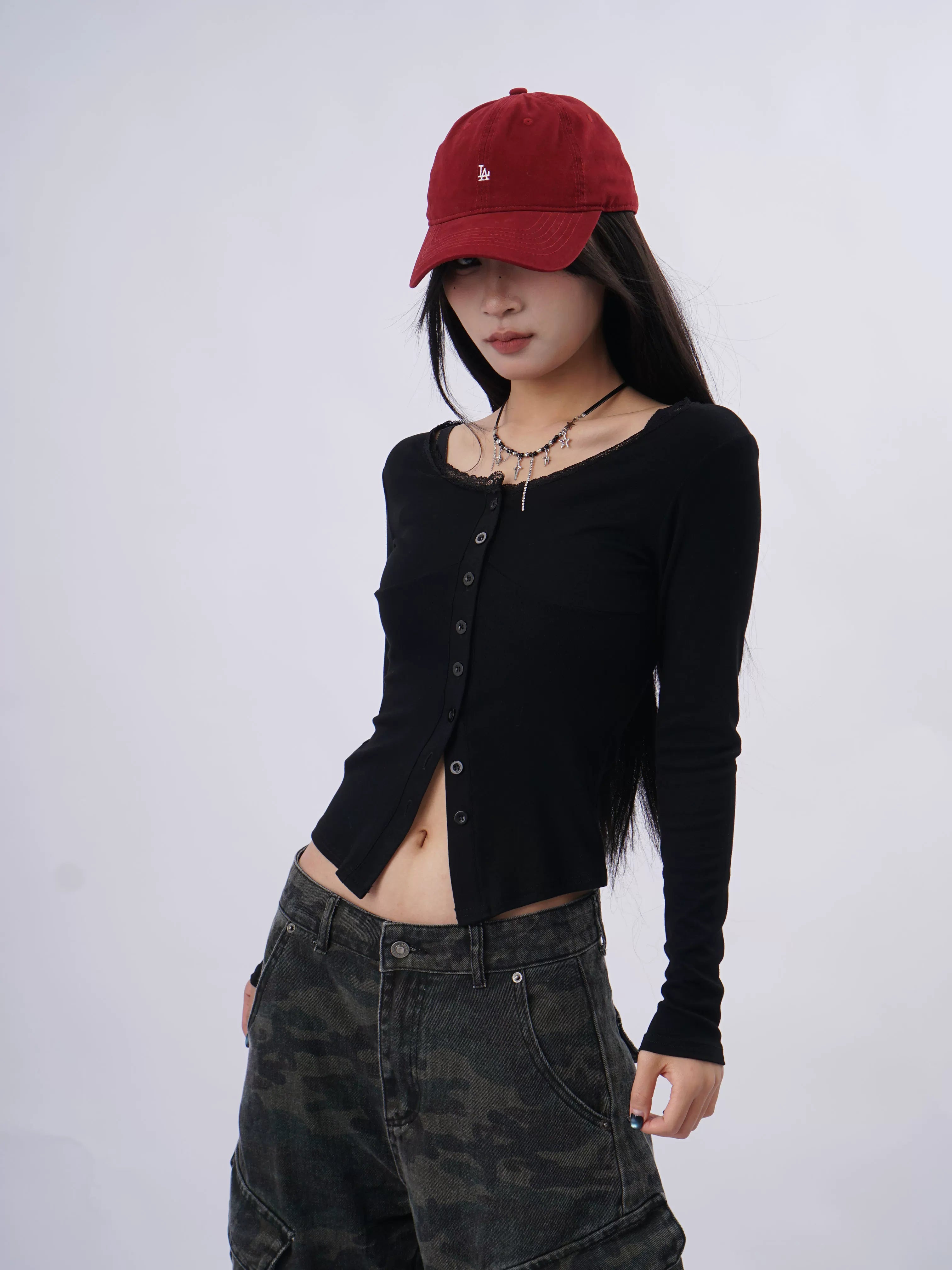 SAMUSAN Lace Stitching Slim Slim Long Sleeves