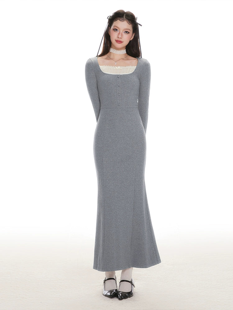 IMONE Vintage Lace Square Neck Knitted Dress