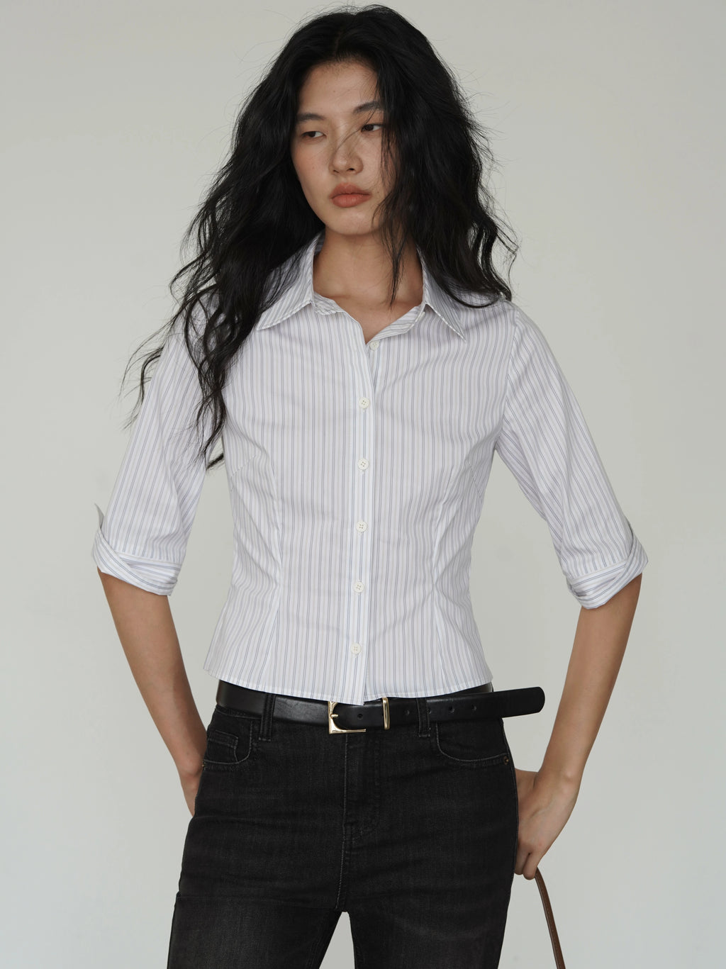 EIGHTHMONTH Striped Waist Mid-sleeved Shirt