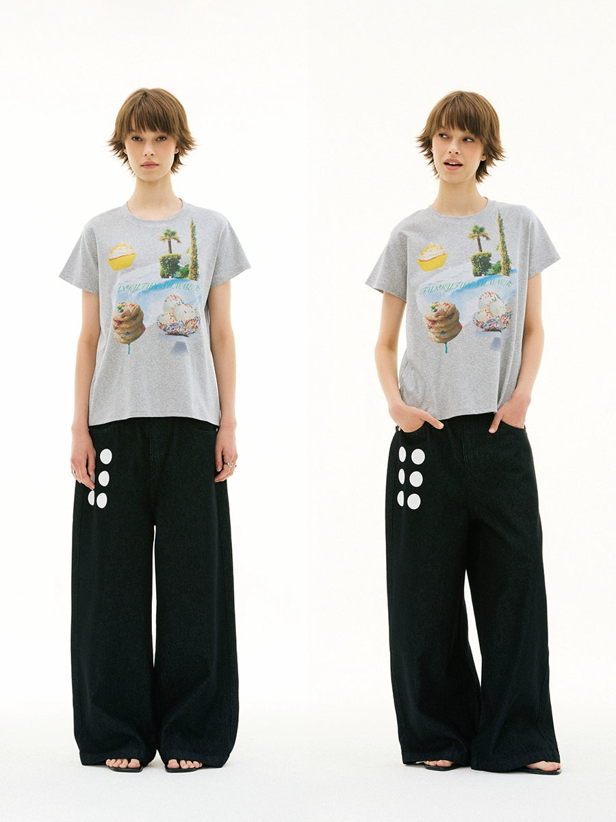 FUNKYFUN Direct Injection Printing Round Neck Front Shoulder Tee