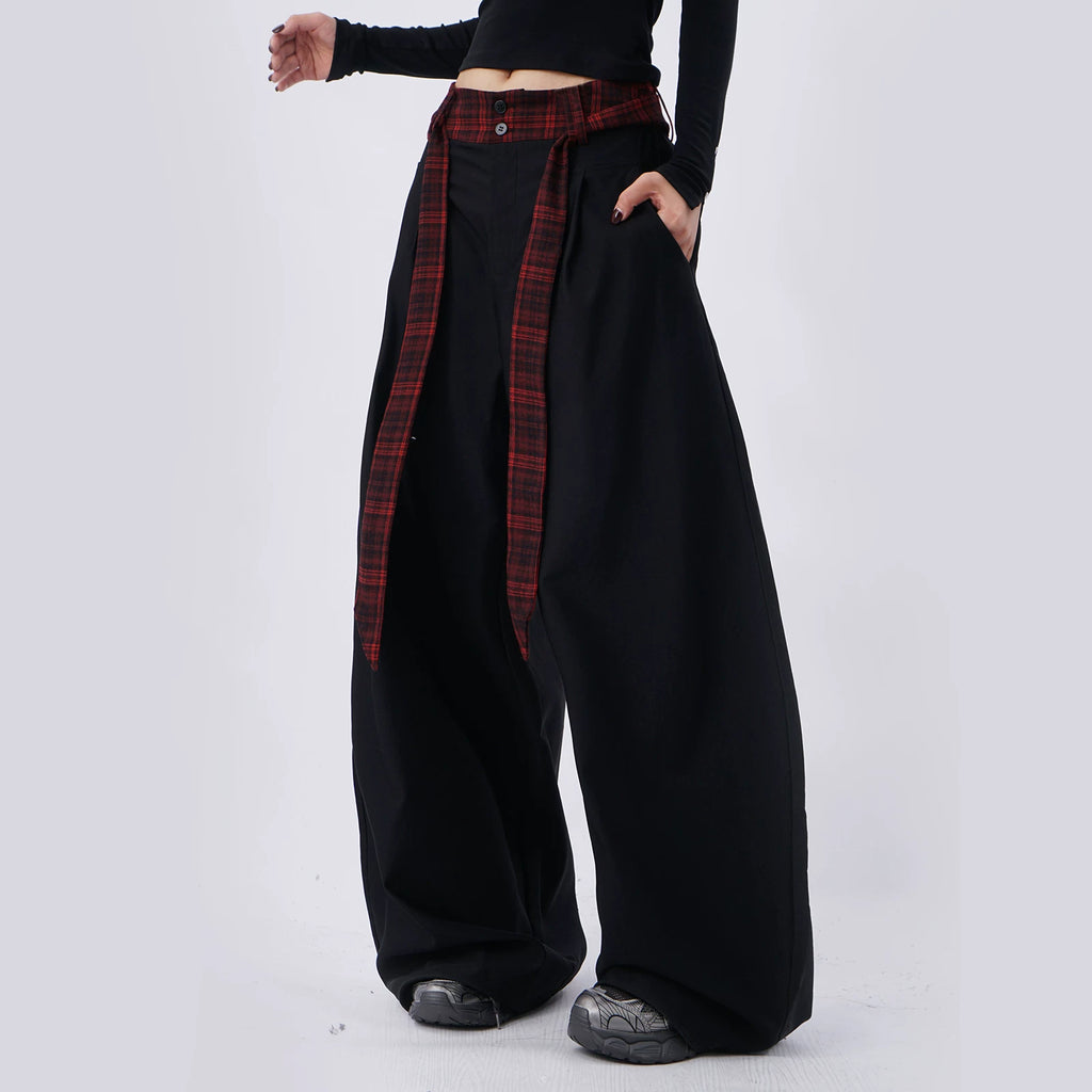 SAMUSAN Ribbon Checked Waist Stitched Wide-leg Slacks