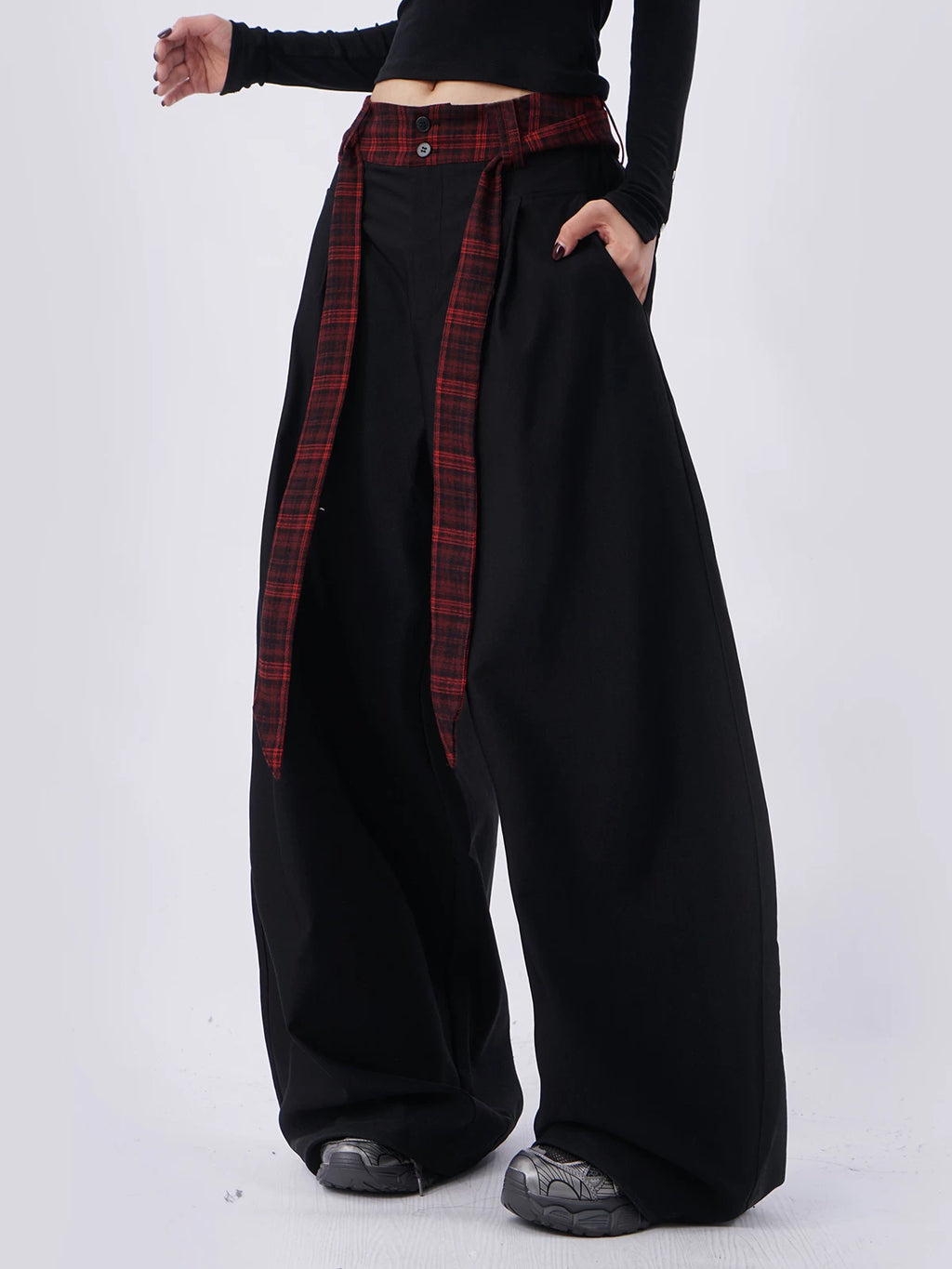 SAMUSAN Ribbon Checked Waist Stitched Wide-leg Slacks