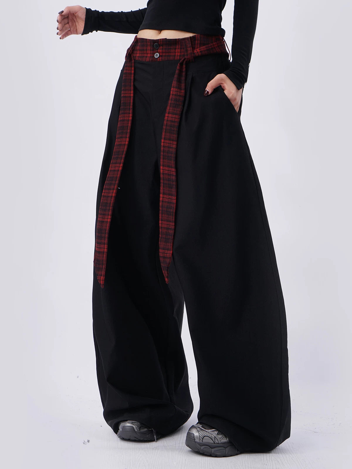 SAMUSAN Ribbon Checked Waist Stitched Wide-leg Slacks