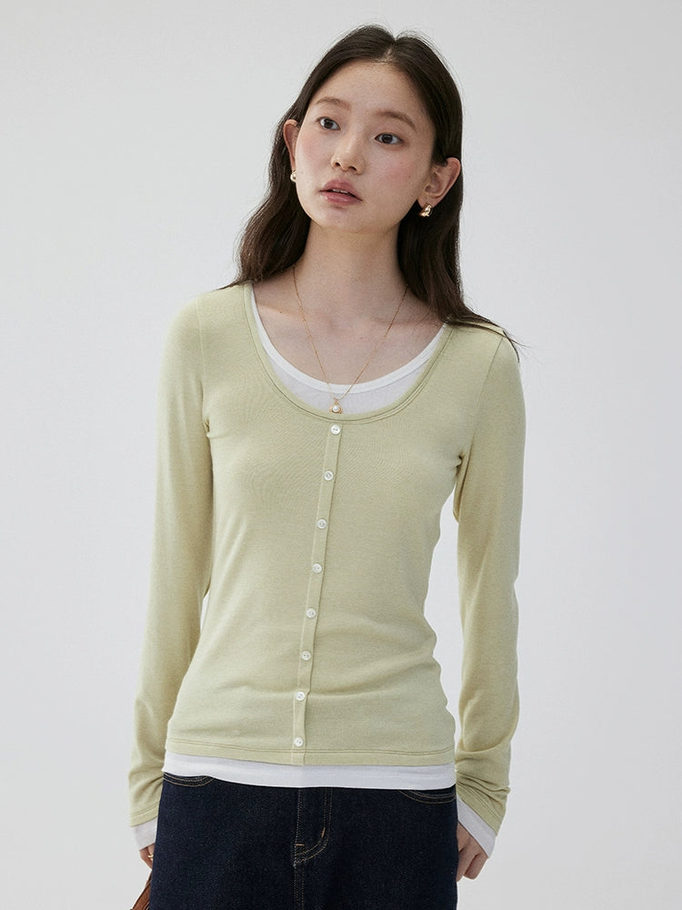 VOOE Fake Two Pieces Casual and Thin Round Neck Long Sleeves