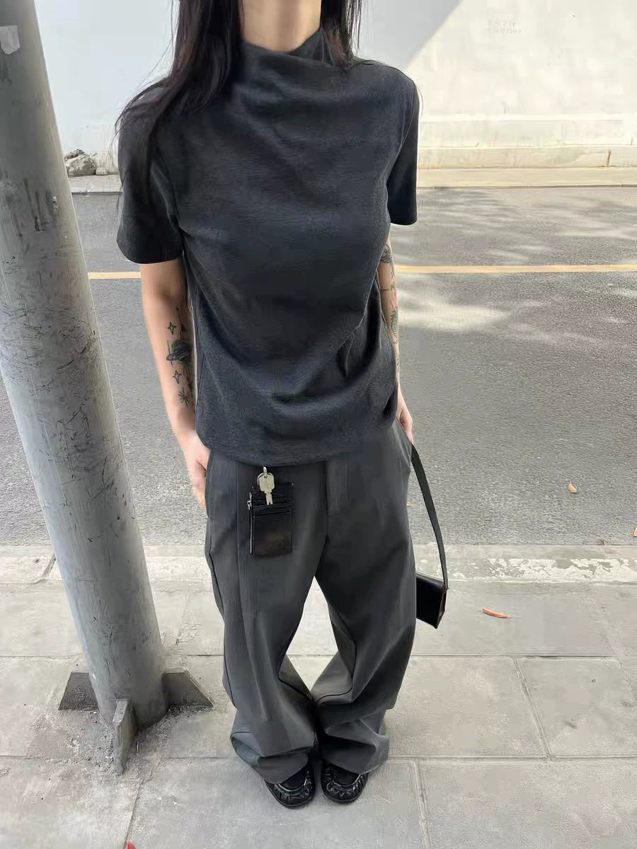 AMBSOM Crossed Jumpneck Front Shoulder Knitted Slim Fit Tee