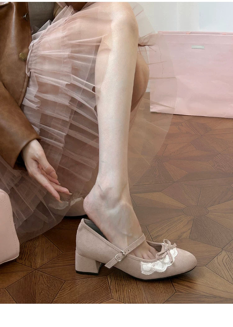 CHRNDXEE Sweet Wind Bow Lace Mid-heel Shoes