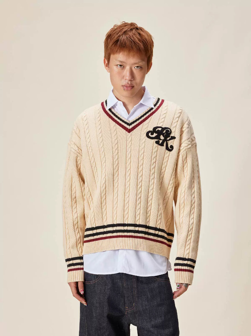 EK Academy Style Loose V-Neck Sweater