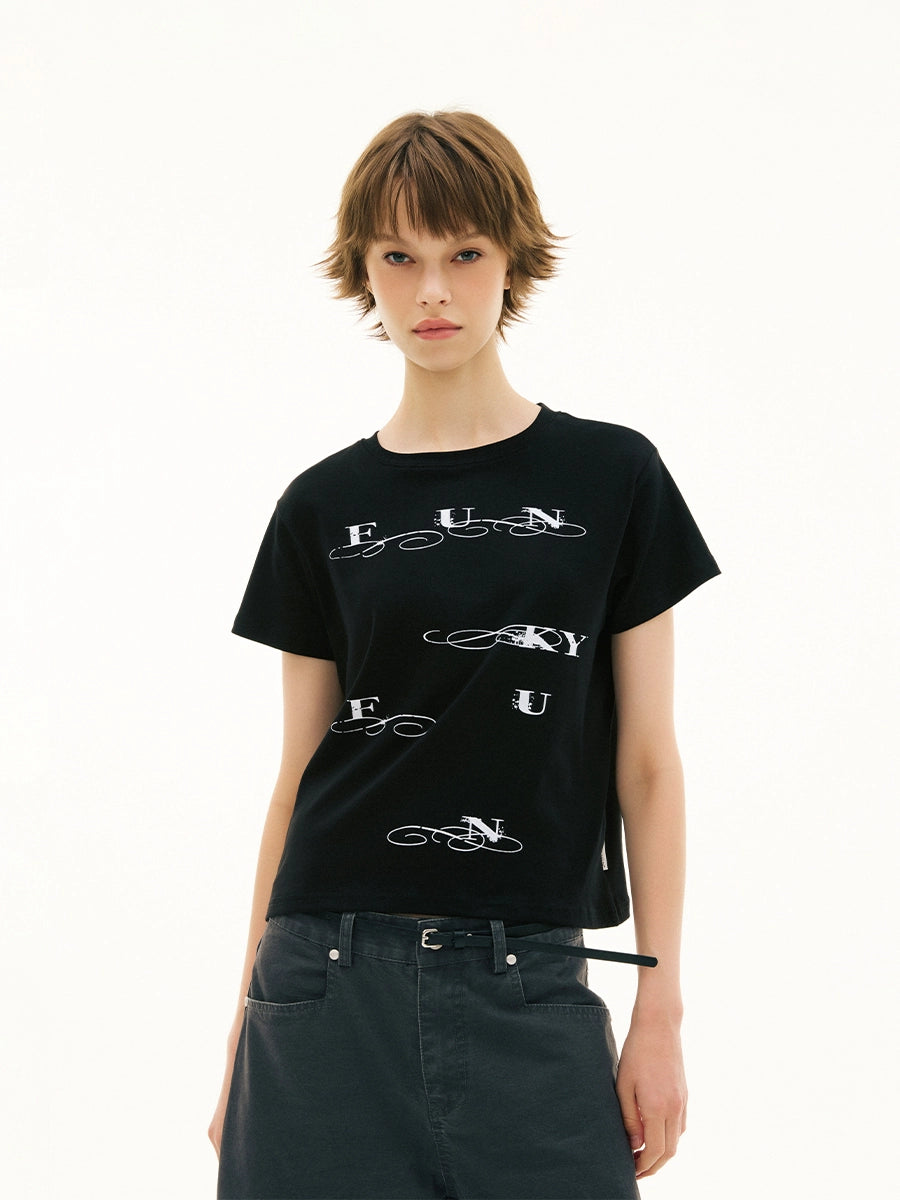 FUNKYFUN Flower Type Brand Logo Flocking Printing Tee
