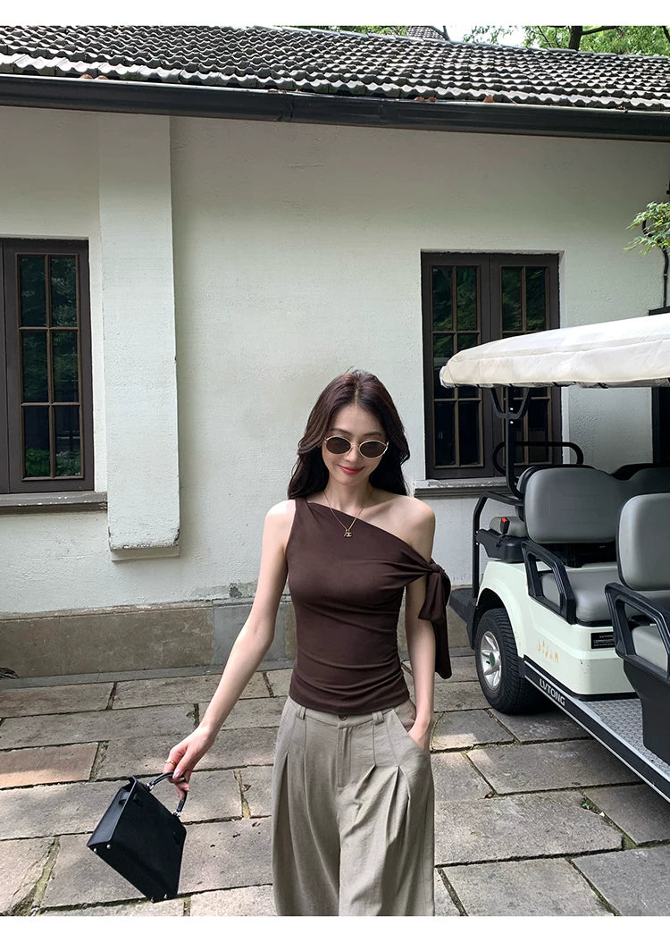 Pusumede Bow Strap Off-the-shoulder Slim Tee