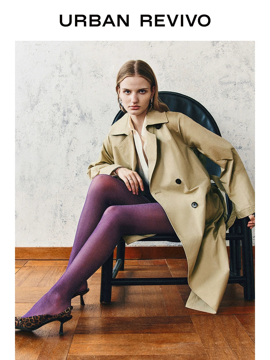 URBAN REVIVO Temperament British Style Double-breasted Waist Long Trench Coat