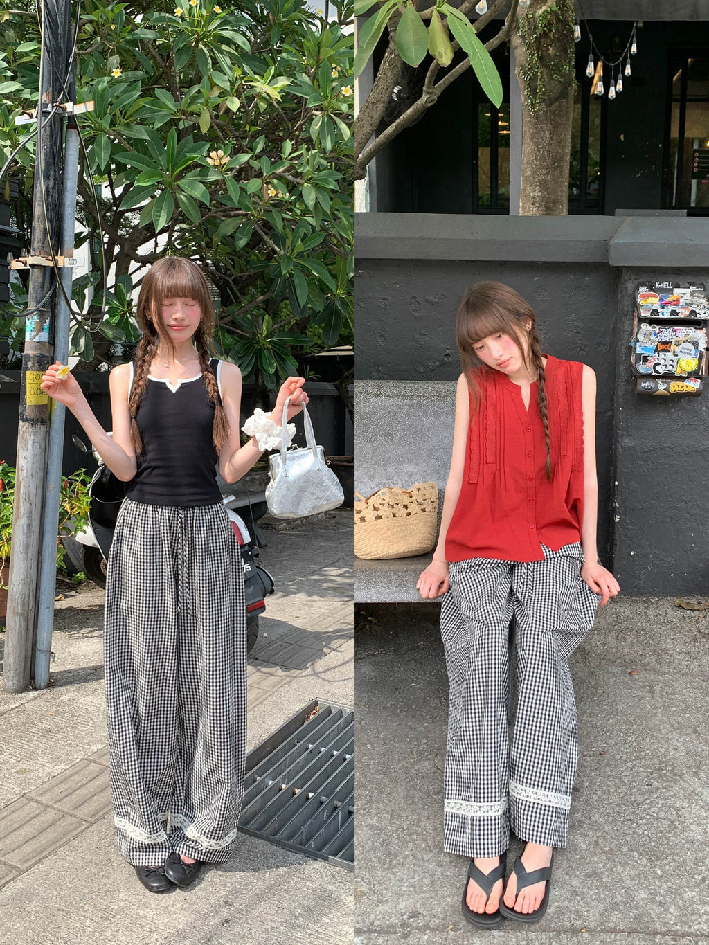 KANO Lace-stitched Plaid Slacks