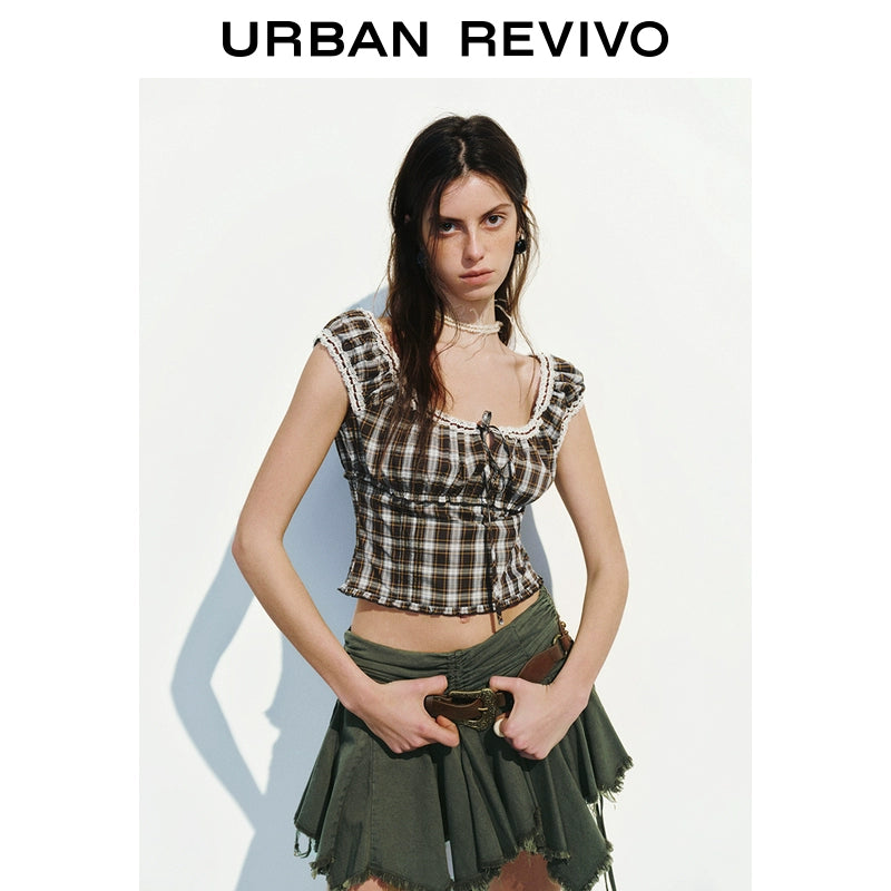 URBAN REVIVO Lace Fungus Edge Contrasting Plaid Blouse Shirt