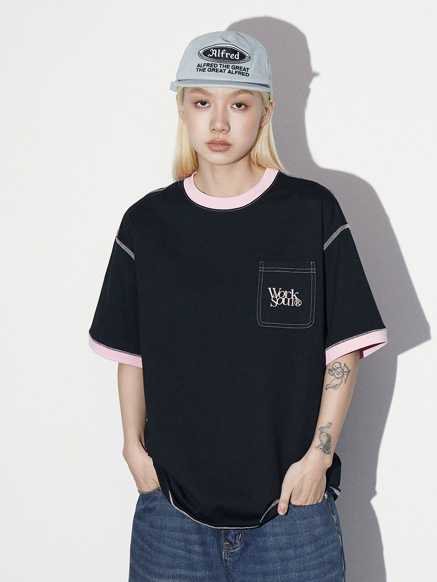 NICEBAD Contrast Color Loose Loose Loose Mouth Pocket Tee