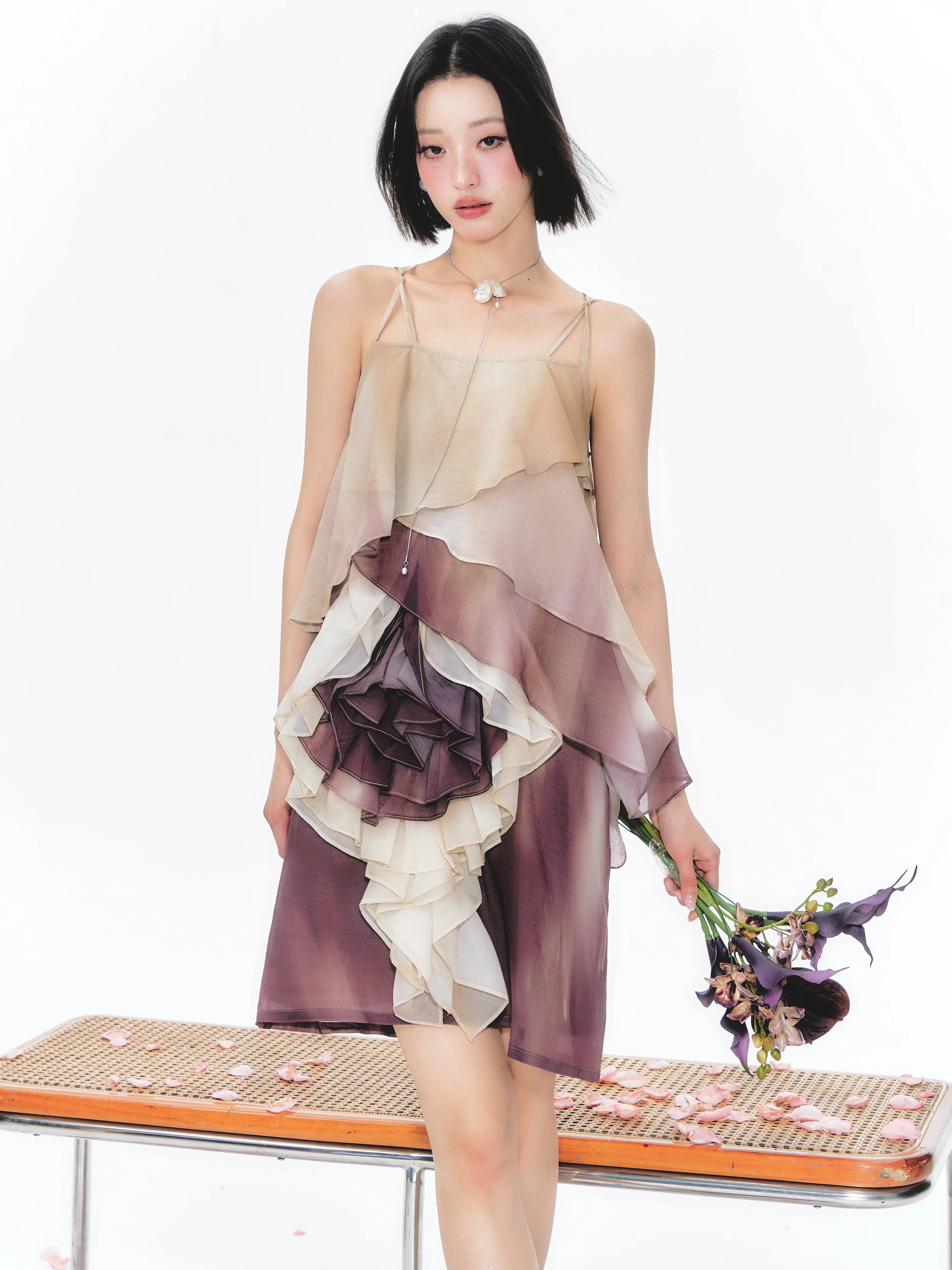 YEDM Suspender Skirt Gradual Change Ruffle Edge Dress
