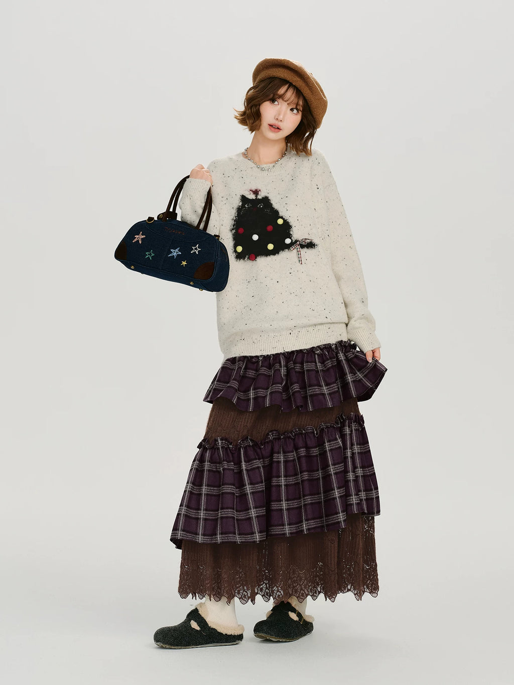 Girlyhalo Vintage Plaid Lace Patchwork Skirt