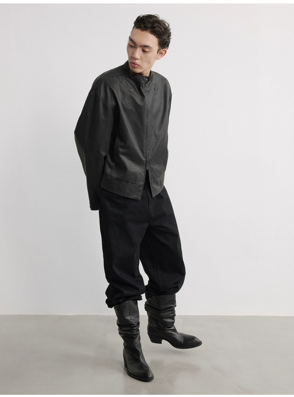 JCAESAR Special-shaped Collar Snap-down Leather Jacket