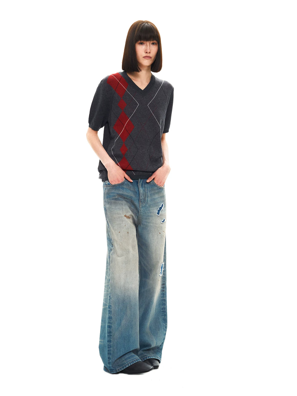 Slight Vogue Ripped Splicing Old Spray Embroidered Straight Jeans