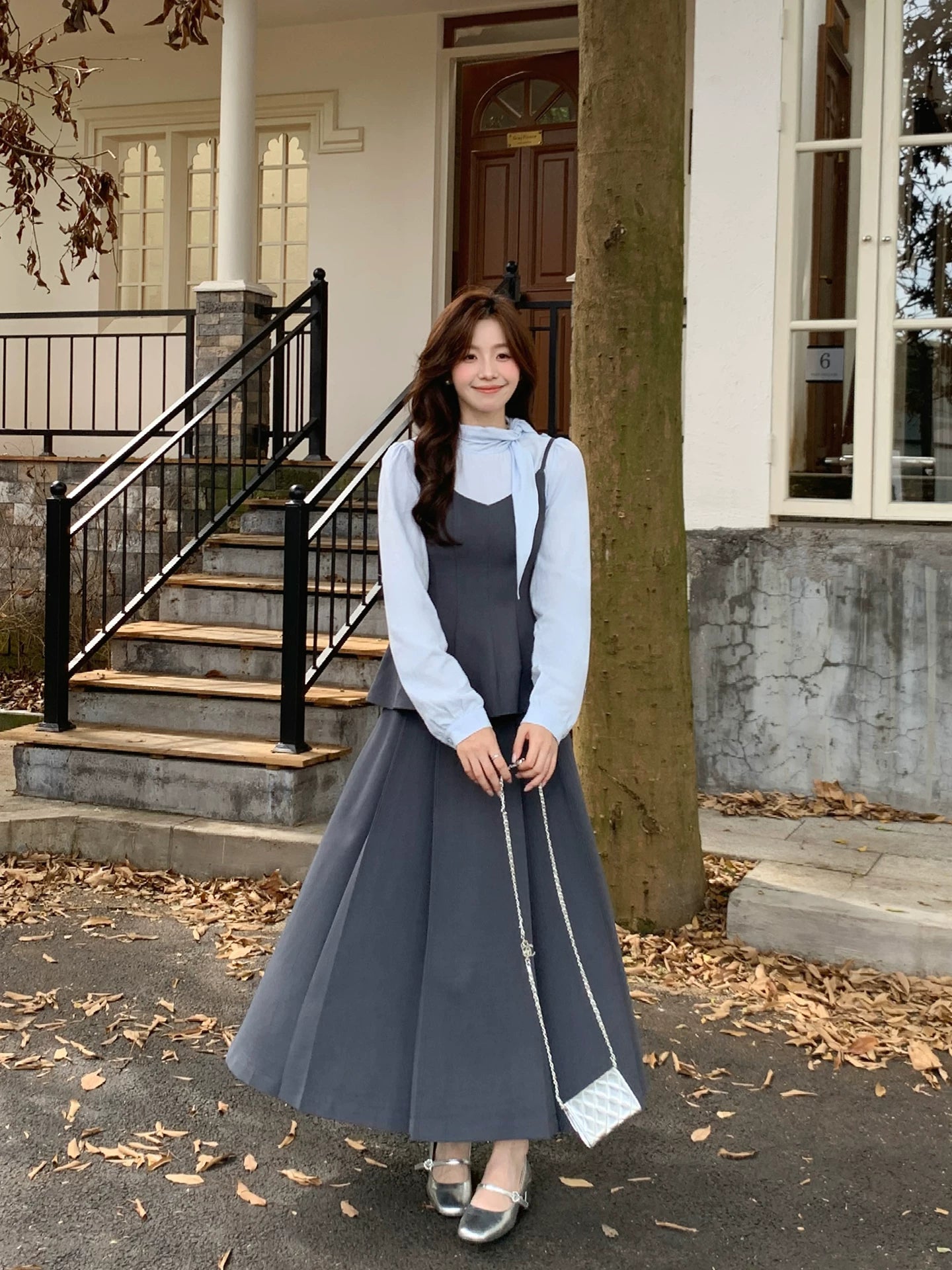 Even Fake Two-piece Suspender Waist Top + Skirt Set