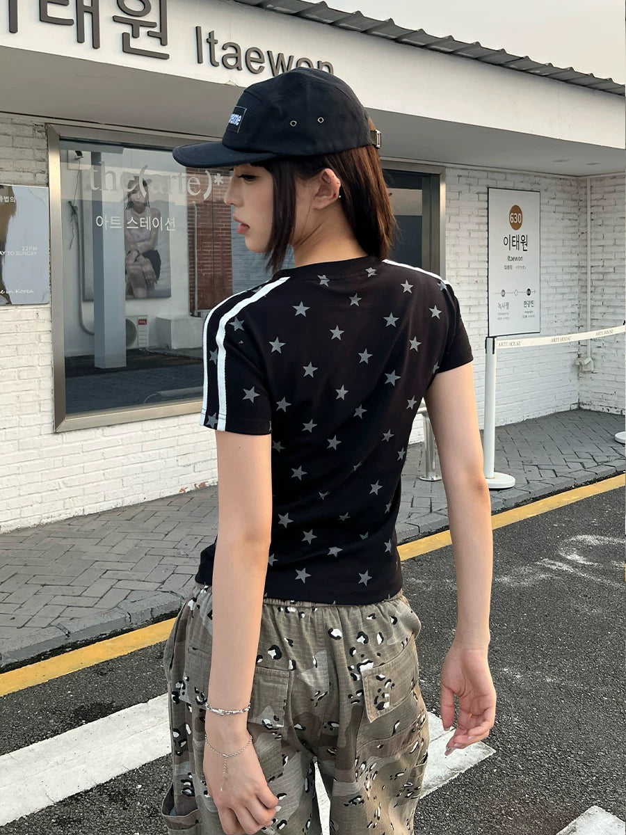 404MOB Chain Embroidery Full Print Striped Slim Tee