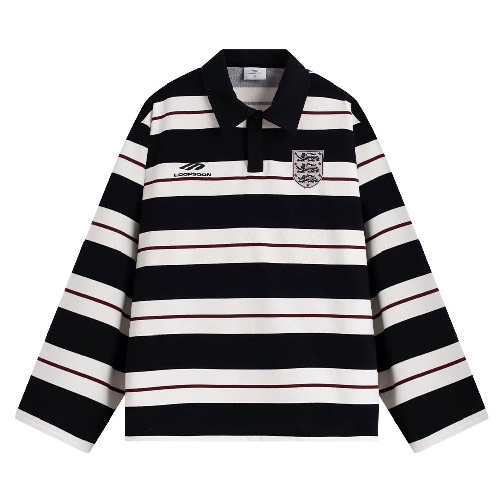 Loopsoon Striped Contrast Lapel Embroidered English Loose Sweatshirt