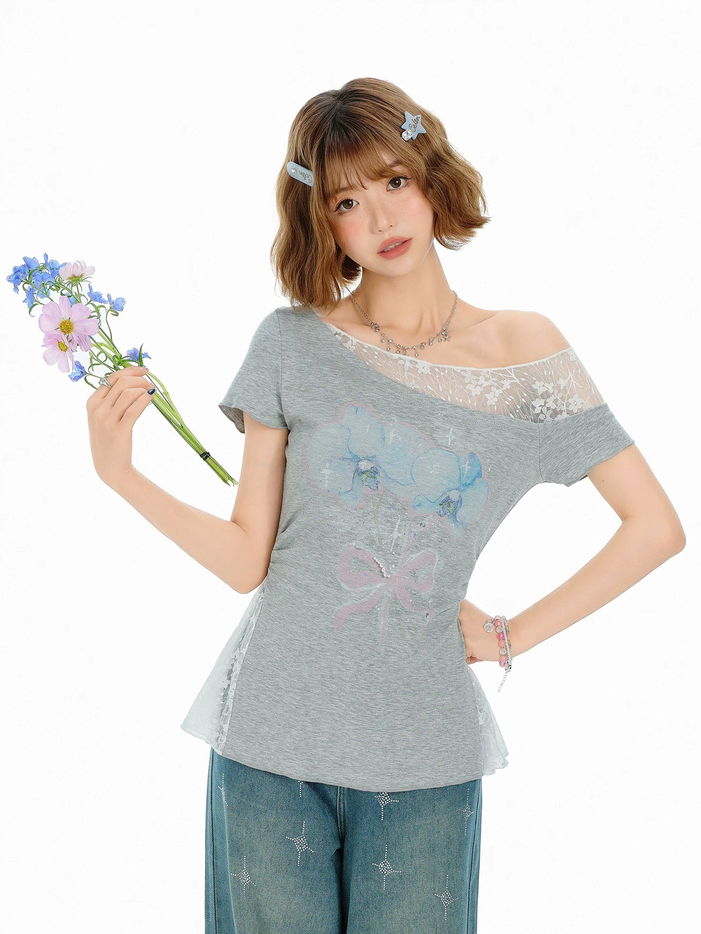 Girlyhalo Vintage Lace Splice Shoulder Tee