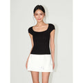 NEVA HU Simple Square Neck Straight Shoulder Thin Tee