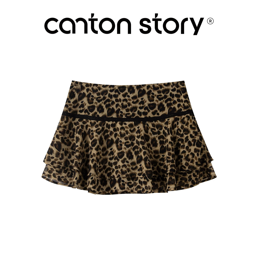 Cantonstory Lotus Leaf Edge Leopard Print High Waist Thin Skirt