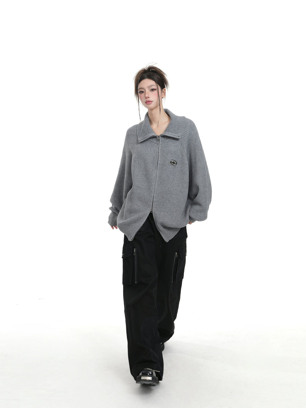 KDASE Double Zipper Stand-up Neck Sweater Jacket