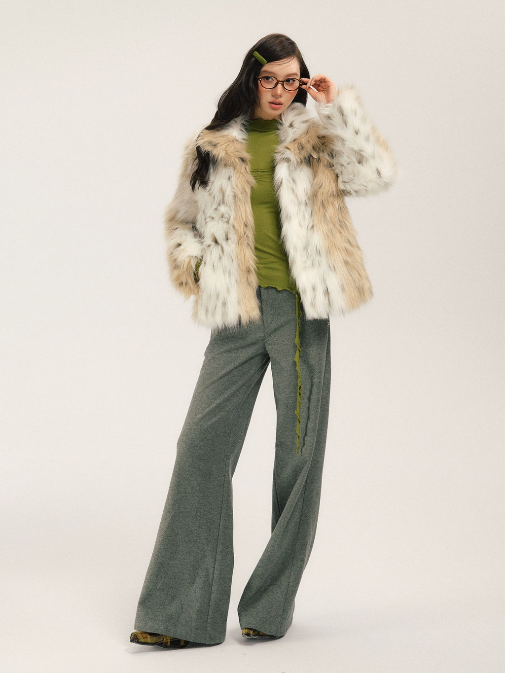 SASSY MOODY Color Matching Leopard Print Warm Thickened Environmentally Friendly Fur Jacket