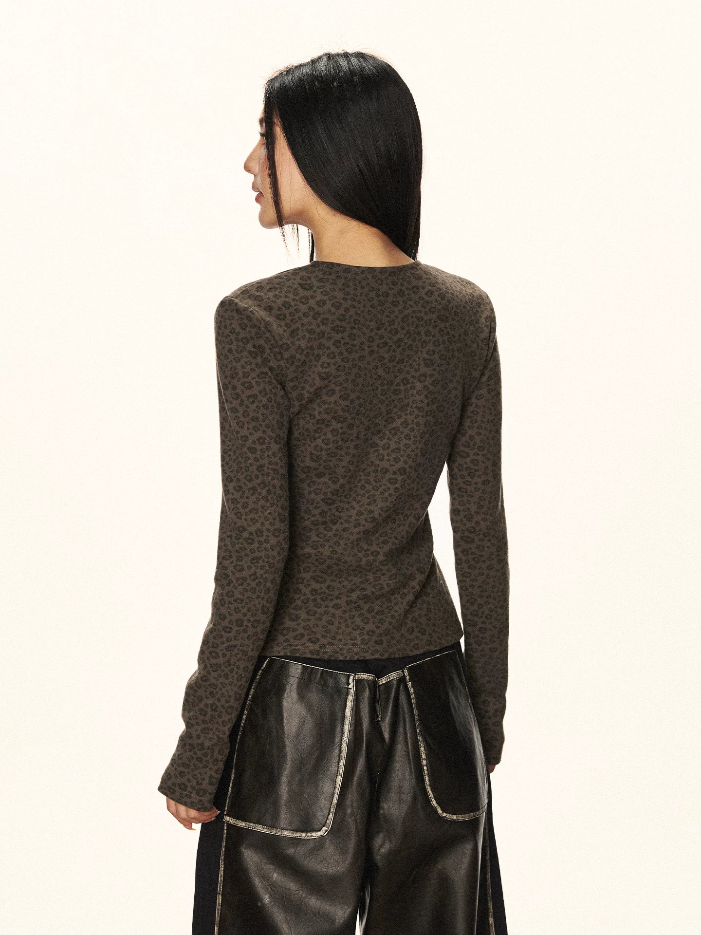Cherry Melody Retro Leopard V-neck Double Zipper Long Sleeve
