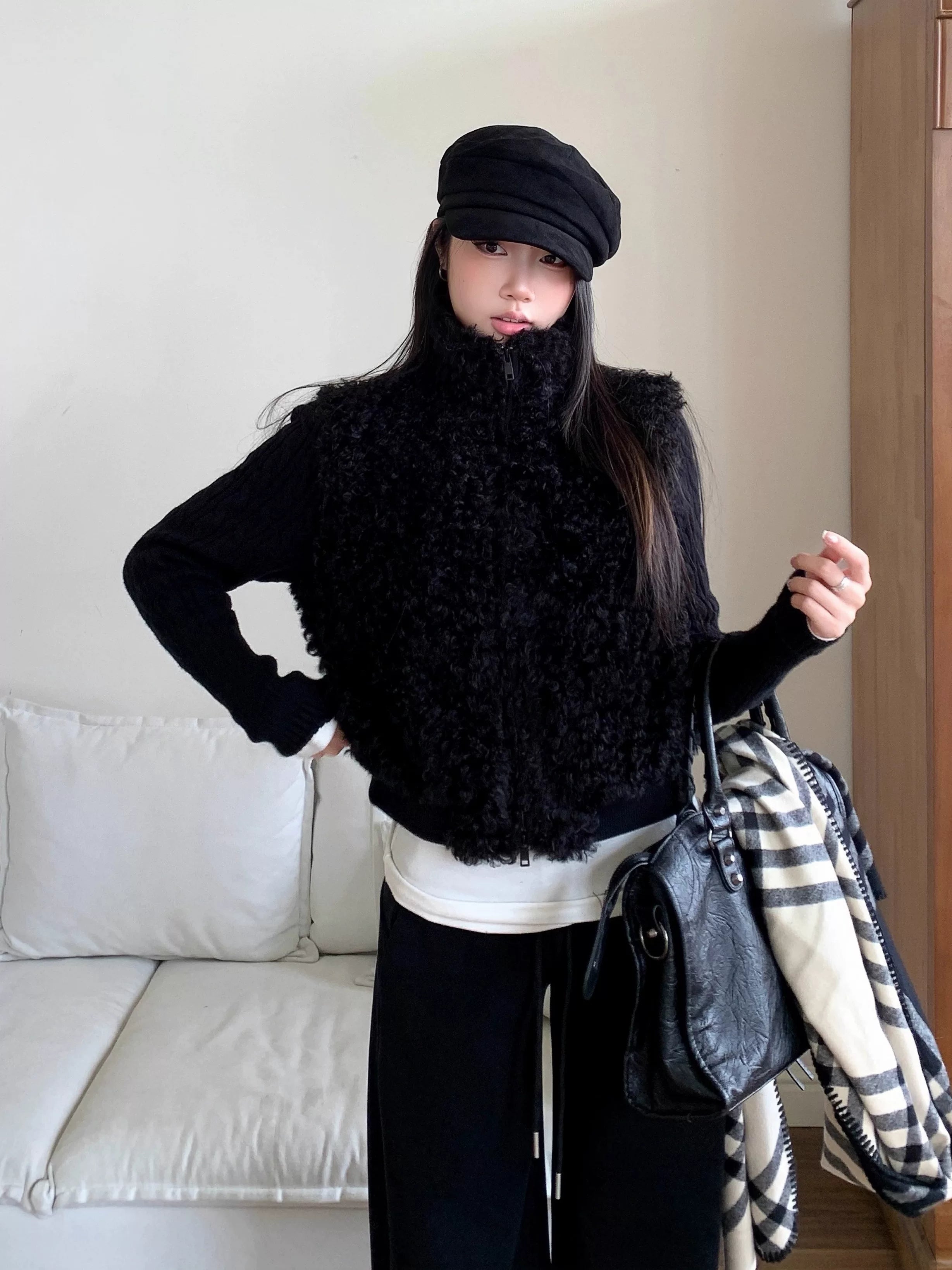 WITHMIN Low-rise Loose-fitting Fleece Straight-leg Wide-leg Pants