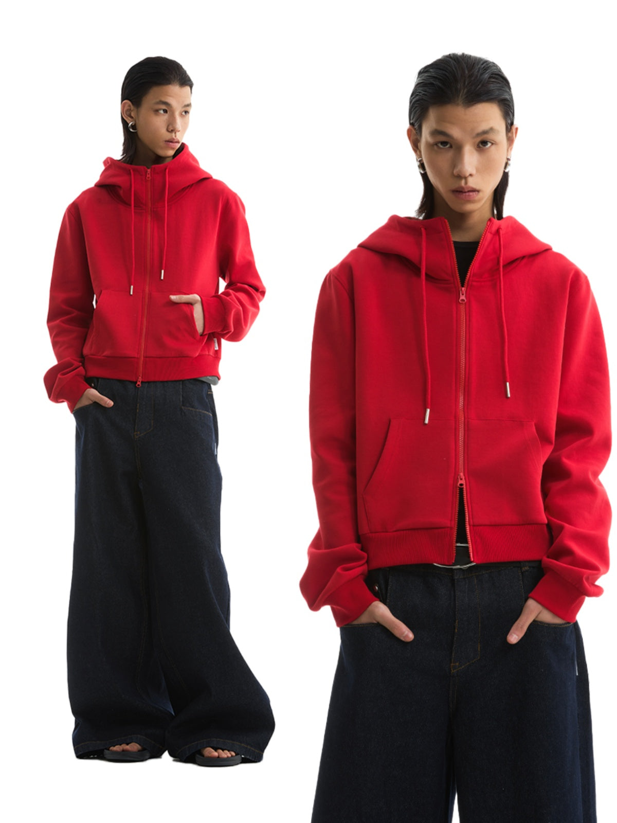 FUNKYFUN Double Zipper Stand-up Neck Hooded Short Cardigan