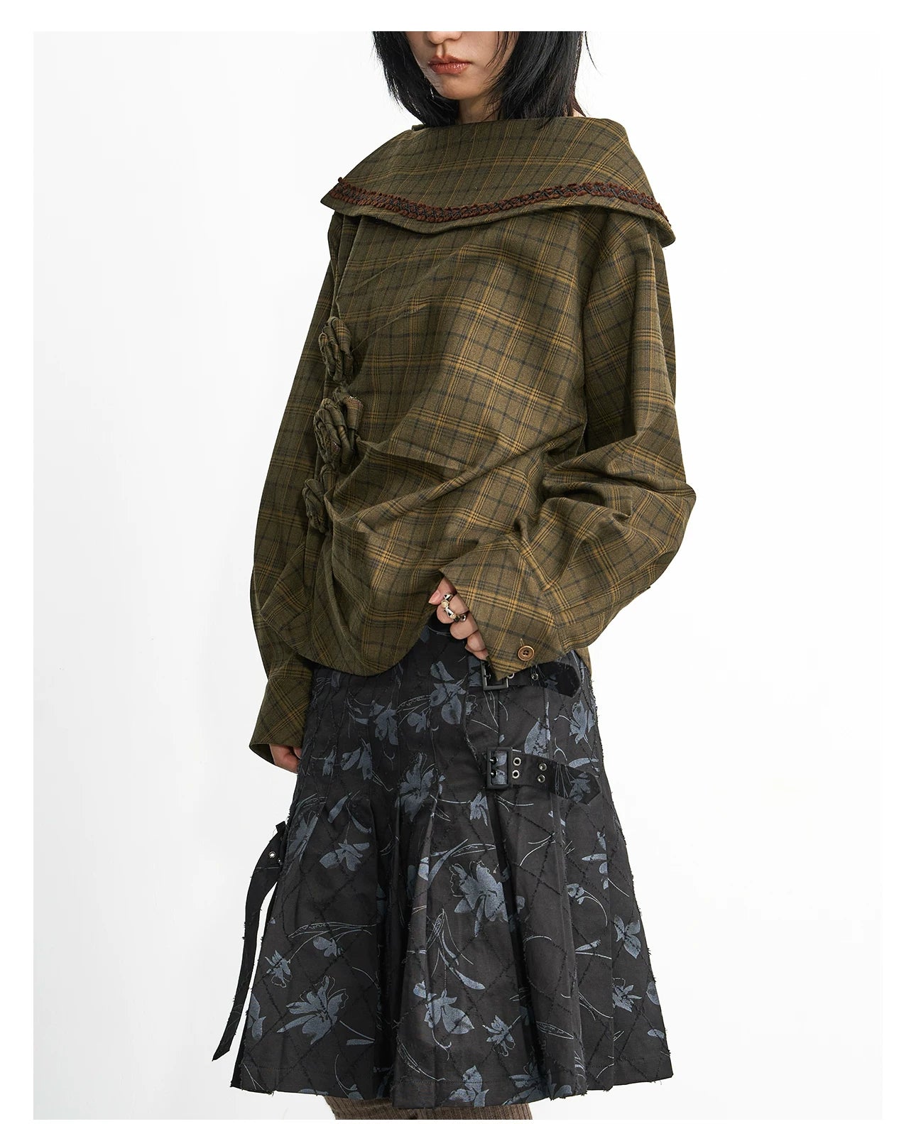 Enteralt Checked Pleated Handmade Flower Slim Umbrella Skirt Set