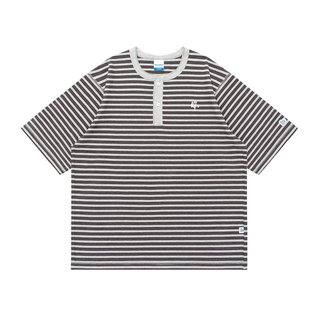 BENT IDEA Embroidery Henry Collar Striped Tee