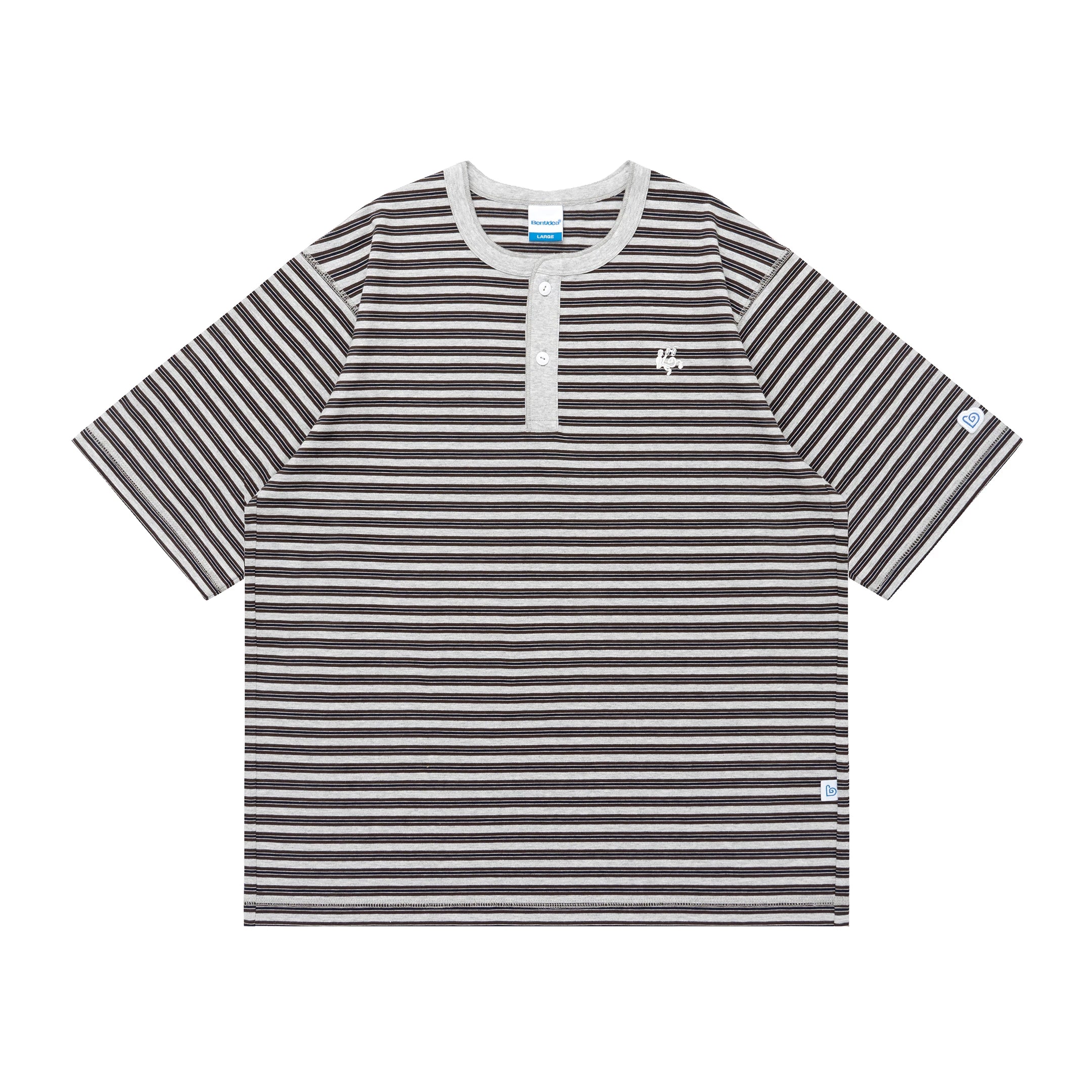 BENT IDEA Embroidery Henry Collar Striped Tee