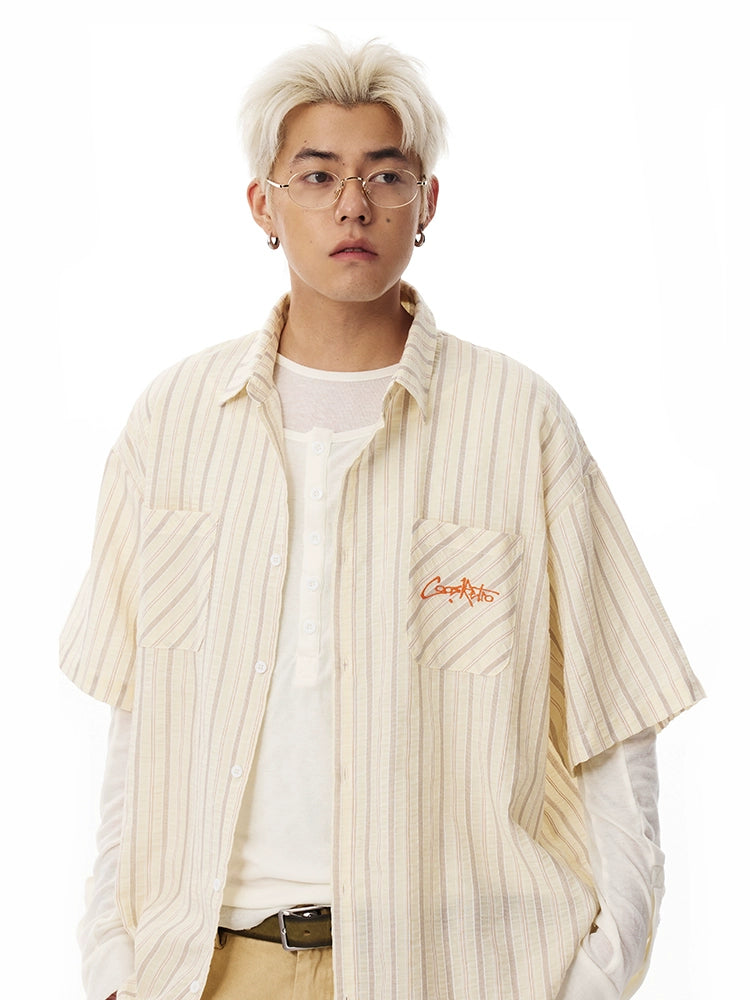 CoosRetro Vintage Contrast Striped Double Pocket Embroidered Shirt
