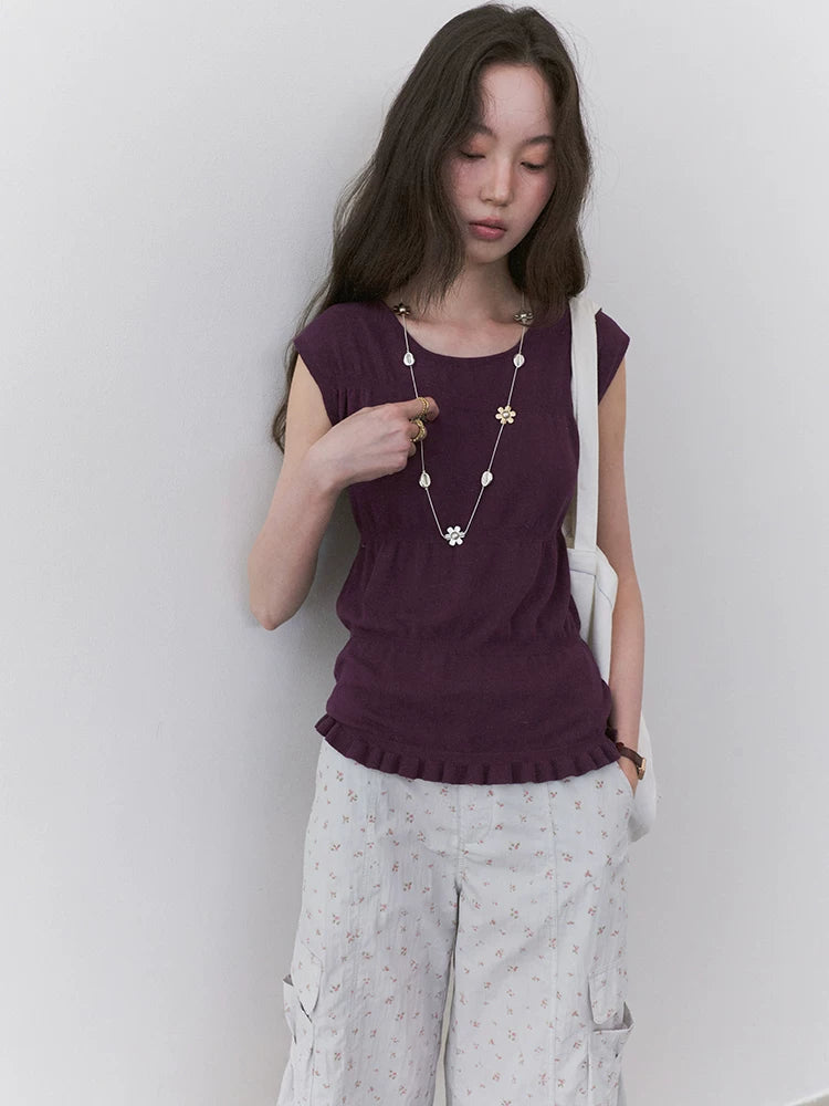 VOOE Round Neck Broken Pleated Knitted Slim and Thin Tee
