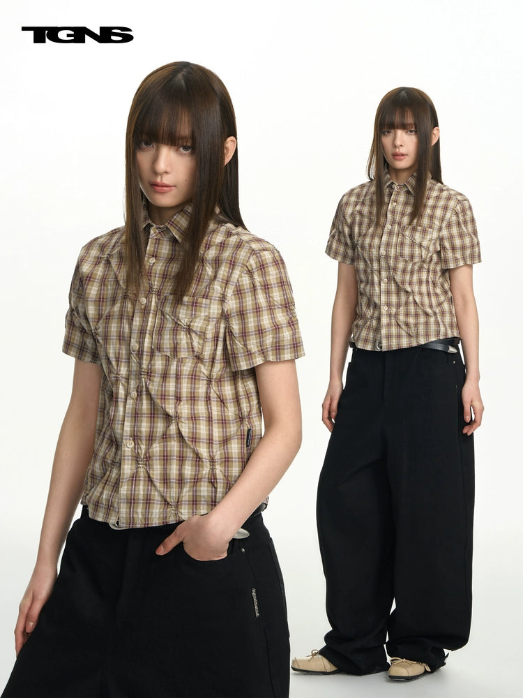 TGNS Woven Plaid Front Shoulder Short-sleeved Shirt