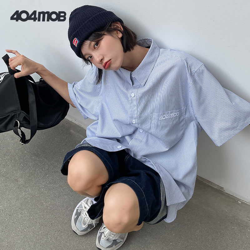 404MOB  blue and white striped short-sleeved shirt
