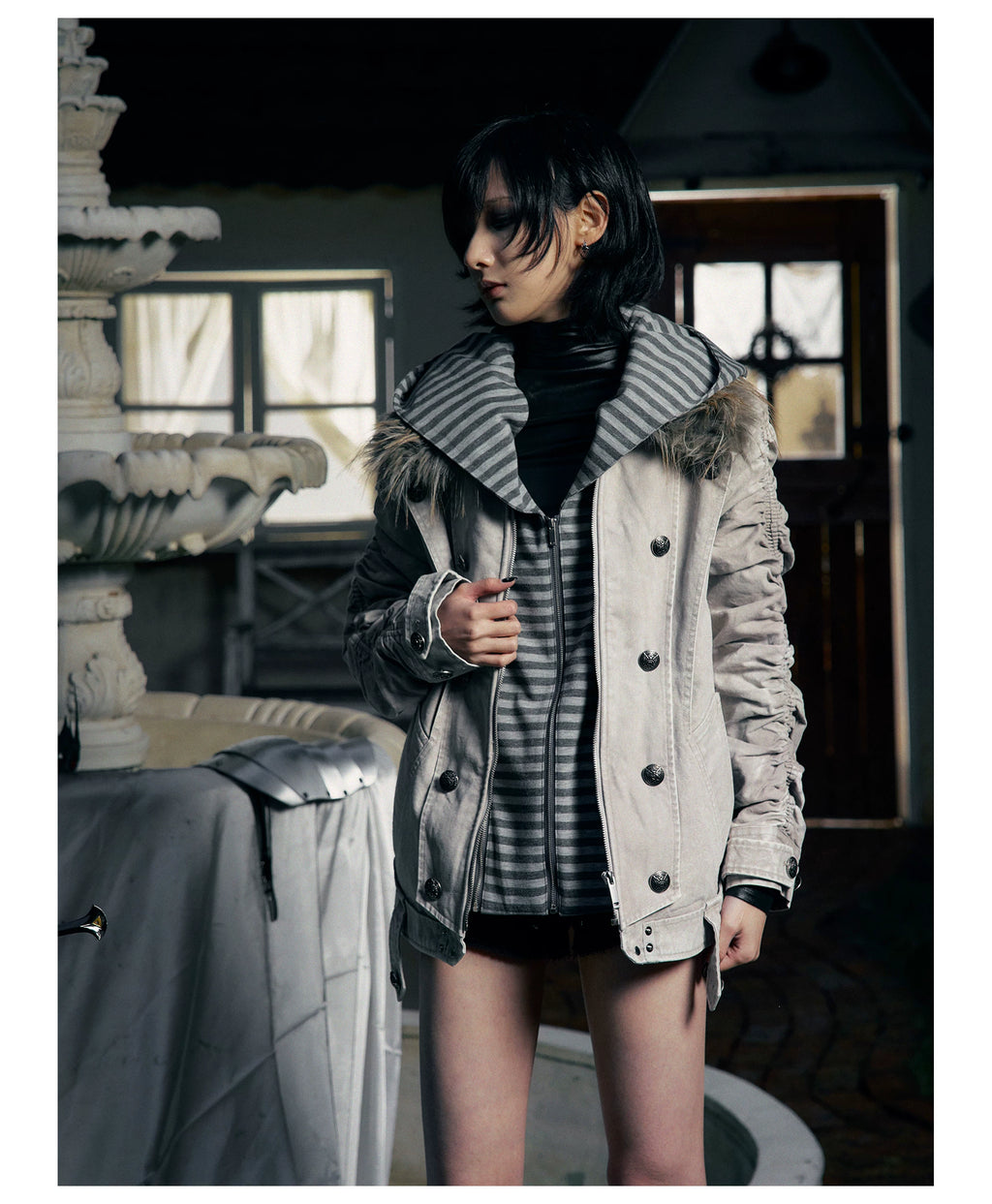 PAIKI Removable Fur Collar Double-breasted Jacket Cotton Jacket
