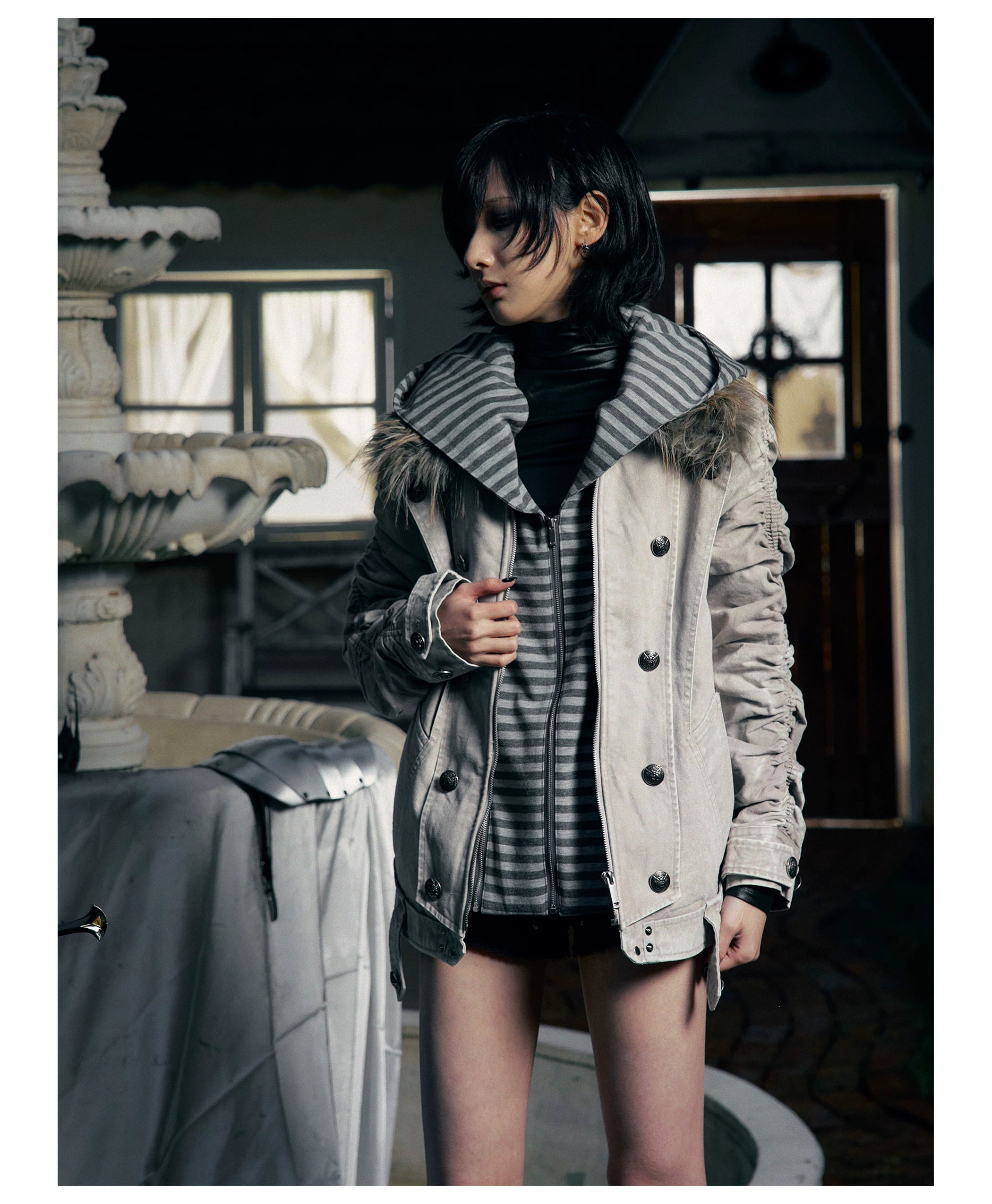 PAIKI Removable Fur Collar Double-breasted Jacket Cotton Jacket