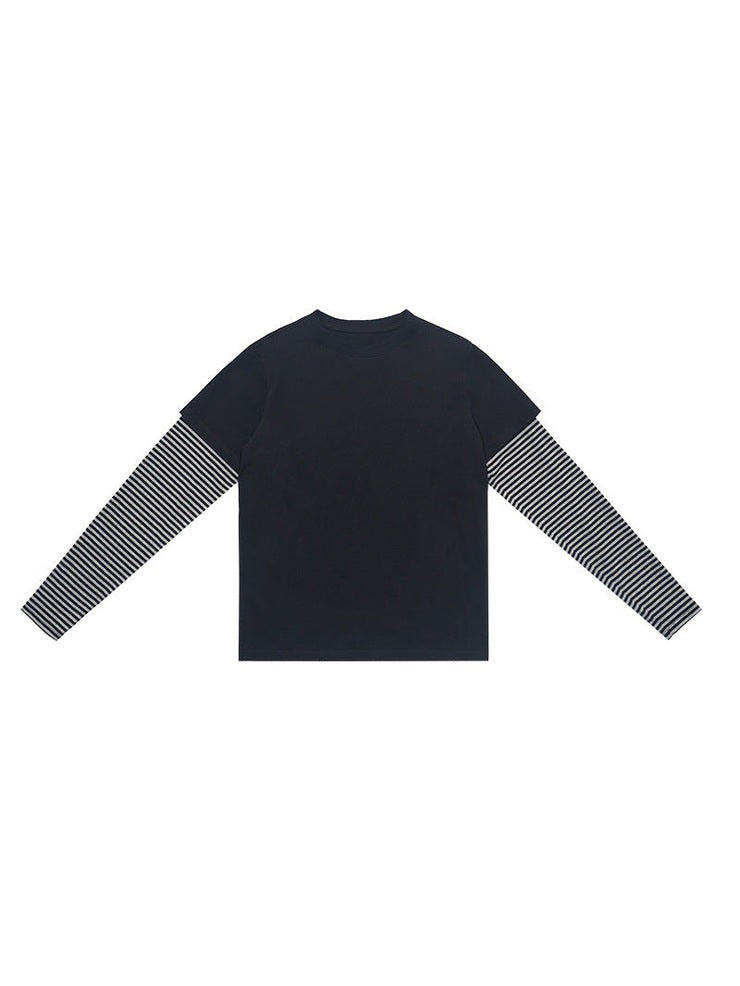 UNF Vintage Fake Two-Piece Striped Contrast Crew Neck Long Sleeve