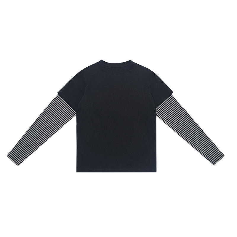 UNF Vintage Fake Two-Piece Striped Contrast Crew Neck Long Sleeve