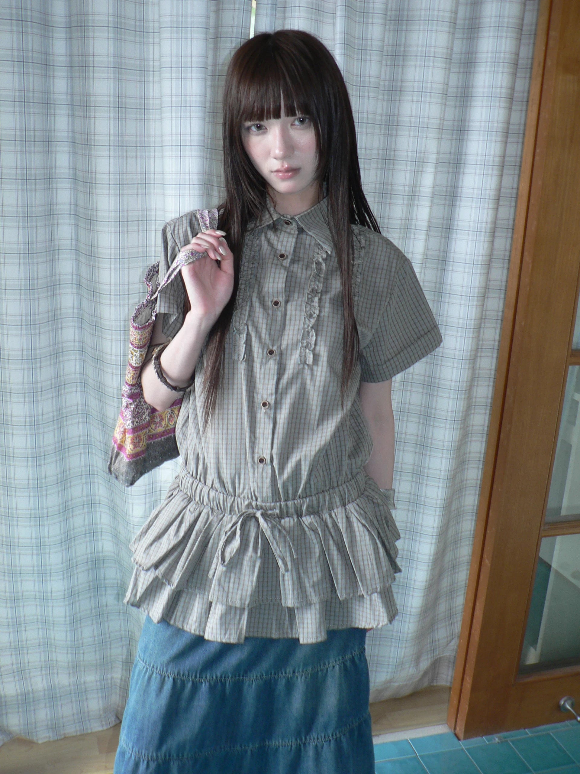 ANG: Project Plaid Fungus Edge Splicing Double-layer Waist Thin Shirt