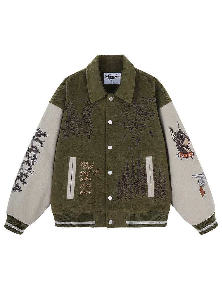 MATCHA STORY Embroidered Baseball Jacket