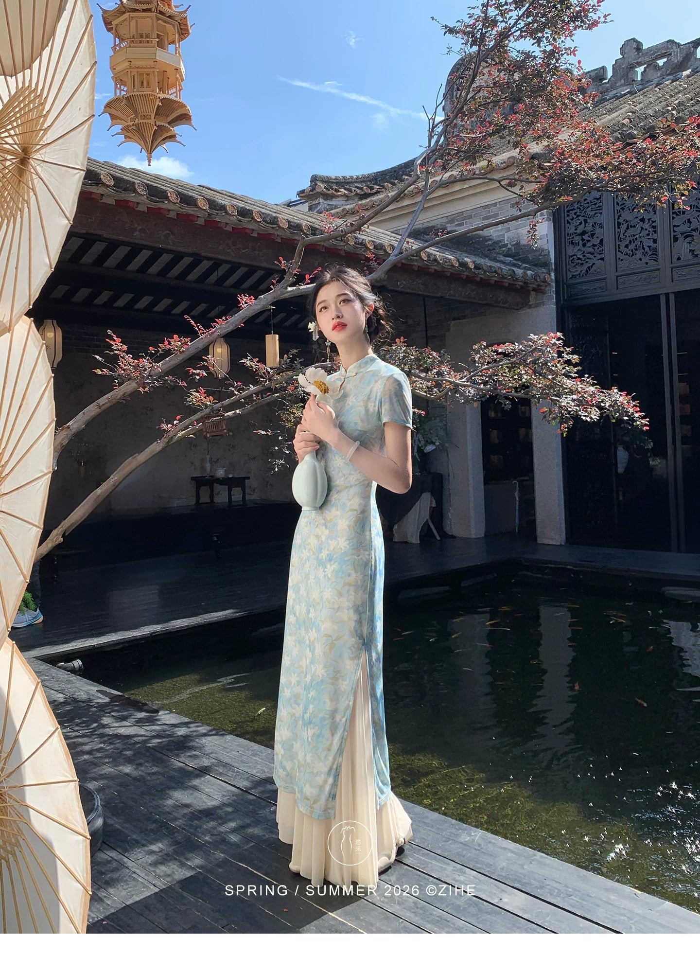 ZIHE Floral Mesh Stretch Cheongsam Slim Dress