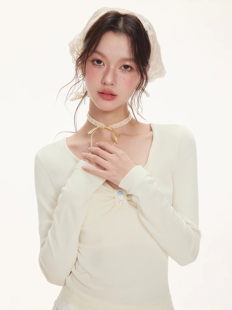 Imone Pleated V-neck Slim Slim Long Sleeves